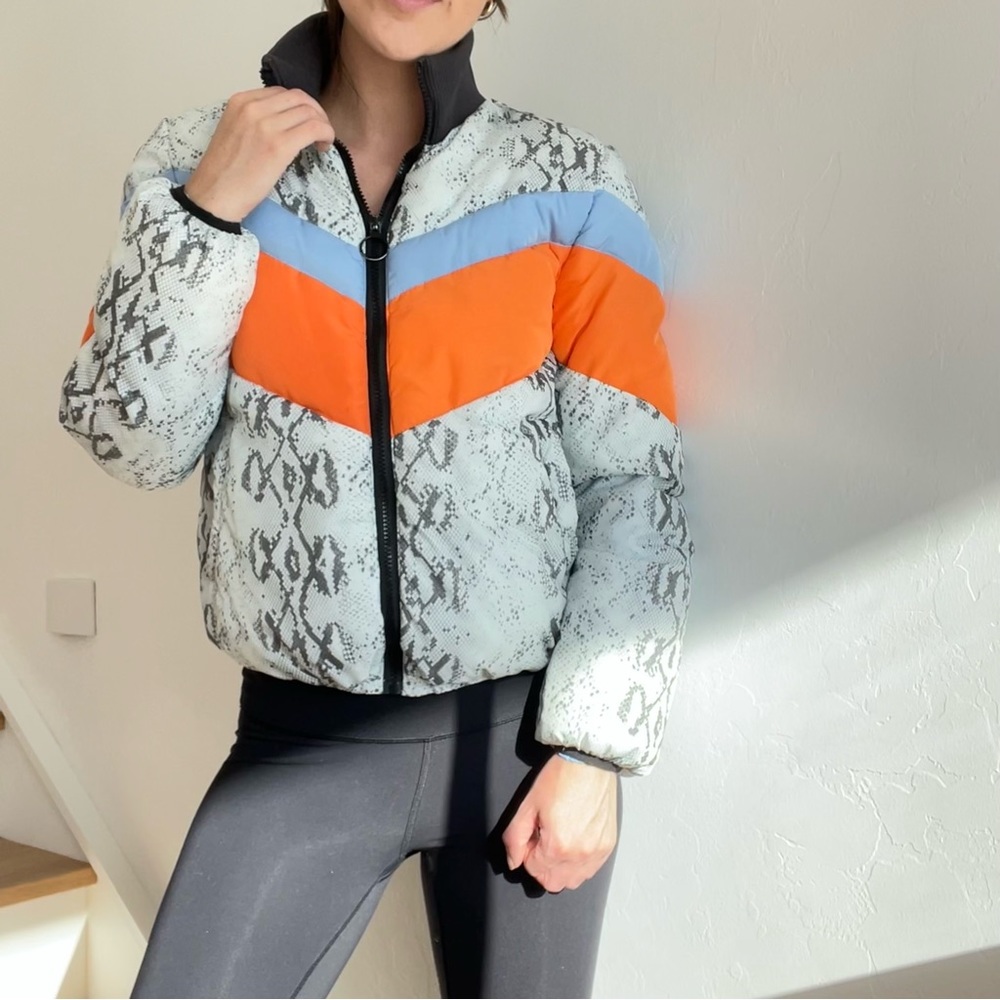 Central Park West Wesley Printed Puffer Snake Pattern Orange Blue Jacket Small